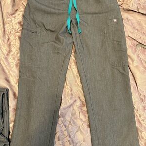 Figs Women's Grey Scrub Pants with Teal Drawstring